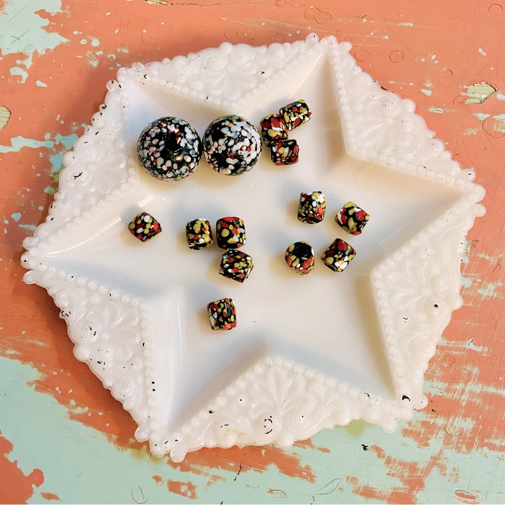 Vintage Black, White, Orange & Yellow Lot of Art Glass Splatter/ Confetti Beads